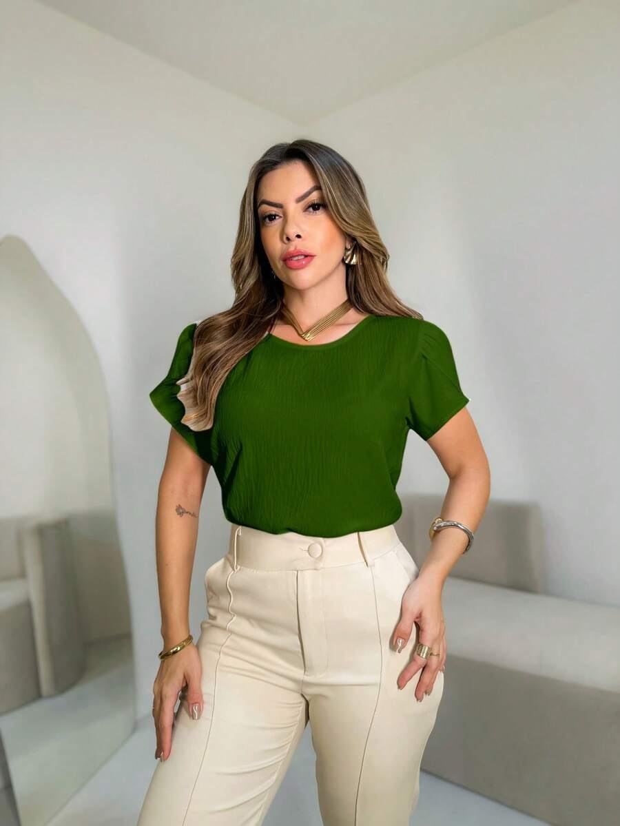 Duna Fabric Blouse With Princess Sleeves 2024 Look Women's Fashion Launch Fashion - Verde Militar - 查看 1