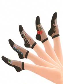 5pairs Women's Breathable Sheer Glass Silk Jacquard Short Socks In Black - Black - View 12