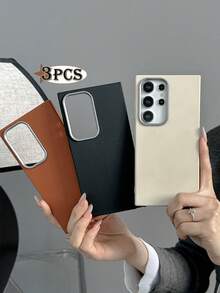 3件套奢华皮革纹理手机壳，兼容/Galaxy，黑色、棕色、米色 - 彩色 - 查看 3