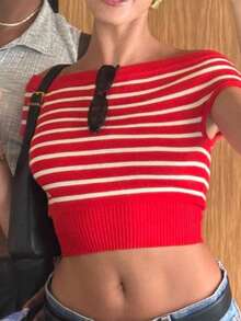 Women's Holiday Off-Shoulder Striped T-Shirt - Red - View 3
