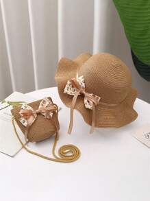 2 pièces/ensemble Chapeau de paille et sac pour enfants, chapeau de soleil de plage à nœud en ruban fleuri, respirant pour une protection quotidienne et de plage