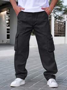 男士美式复古街头宽松直筒工装裤，大口袋，休闲街头风格，高端质感，适合送给丈夫/男朋友的秋季礼物 - 黑色 - 查看 2