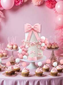 36PCS Pink Bow Cake Toppers, Pink Bows In Three Materials And Sizes, Pink And White Foam Ball Cake Decorations, Suitable For Women's Birthday Cake Decorations, Christening Wedding Gender Reveal Party Cake Decoration Arrangement Supplies, Pink Princess Theme Party Decorations, Mother's Day Cake Decorations - Multicolor - View 3