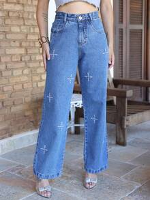 Women's Wide Leg Jeans With Embroidered Cross Arrows, New - Medium Wash - View 4