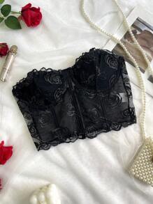 1pc Black Lace Rose & Mesh Padded Underwire Embroidered Floral Sheer Bodycon Bustier Top