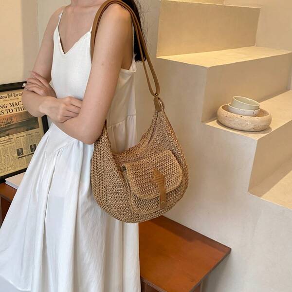 Bolsa transversal trançada simples e fashion para mulheres, bolsa de ombro casual pequena, adequada para férias na praia no verão