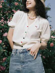 Women's Retro Sweet Contrast Button V-Neck Cardigan Short Sleeve, Summer - Beige - View 6