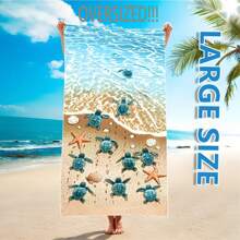 1 Oversized Striped Beach Towel With Blue Sea Turtle And Starfish Design, Bohemian Style Beach Blanket In Soft And Quick Dry Microfiber, Vibrant Striped Pattern Suitable For Travel, Yoga, Camping, Swimming - Perfect Bath Towel, Beach Towel, Camping Gear | Tropical Style | Polyester Blend Summer Travel, Vacation Holiday Bathroom Decor Beach Essentials