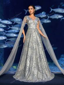 Faeriesty Vestido de noche con lentejuelas y mangas de capa de lujo con efecto floral, patrón de flores con cuentas y falda con flujo completo para bodas, eventos de alfombra roja y cenas lujosas