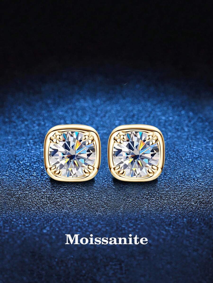 2pcs Minimalist Fashion 925 Sterling Silver 1ct Moissanite Yellow Gold Color Stud Earrings, Suitable For Women's Daily Wear, Party, Holiday, Valentine's Day, Mother's Day, Birthday, Wedding Anniversary, Jewelry Gift