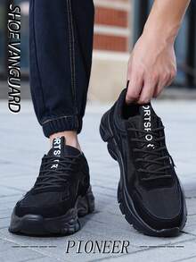 男士时尚街头休闲透气网眼运动鞋，适合户外运动和各种活动，字母图案黑色皮革鞋面，厚垫外底跑鞋 - 黑色 - 查看 9