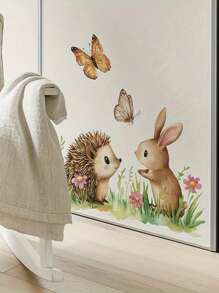 1 pièce Décalcomanie murale de style glamour avec imprimé animal, hérisson, lapin avec papillons et fleurs. Autocollants amovibles et imperméables en PVC pour le salon, la chambre, le dortoir, la salle de classe, la décoration murale de la maison, la salle de bain, la décoration d'automne, les accessoires de salle de bain