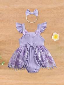 Baby Girl Summer Outfits Ruffle Sleeveless Square Neck Flower Romper With Headband Set - Purple - View 2