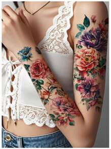 Set da 4 tatuaggi floreali temporanei di grandi dimensioni - Rosa nera, disegni floreali multicolori, tatuaggi floreali vintage tradizionali, impermeabili, a lunga durata, adatti per le donne, possono essere applicati su vita, braccio, gamba, schiena, spalla, per coprire cicatrici