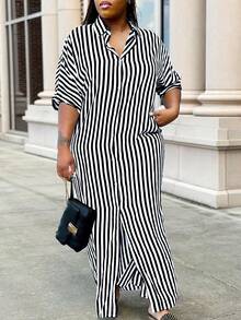 Plus Size Women Striped & Floral Print Shirt Dress Black Summer Elegant - Black - View 4