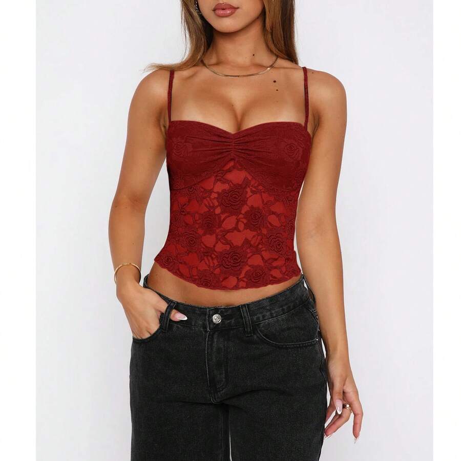 Lace Camisole Top Pink Black Red - Pink - View 1