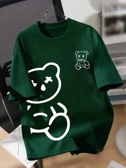 1 pieza Camiseta de cuello redondo con estampado de oso de dibujos animados para niños, camiseta casual de verano para niños, parte superior suelta, tejido suave y cómodo - Adecuado para uso diario en primavera/verano, reuniones y actividades al aire libre