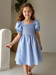 女童夏季方领甜美条纹泡泡袖连衣裙