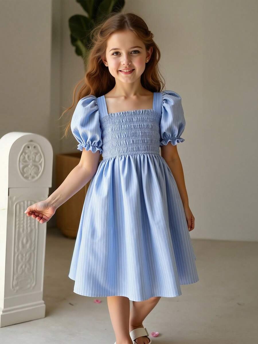女童夏季方领甜美条纹泡泡袖连衣裙