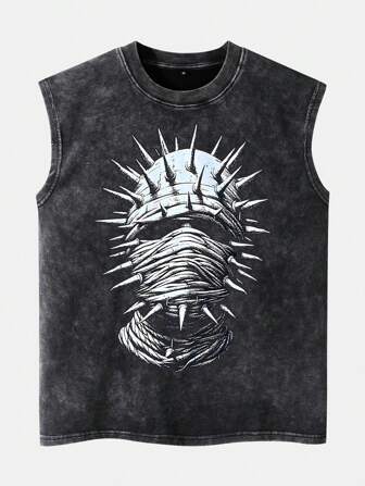 Shwiy Camiseta de tirantes negra lavada con estampado de banda de metal punk rock para hombre, uso casual para primavera y verano, emo