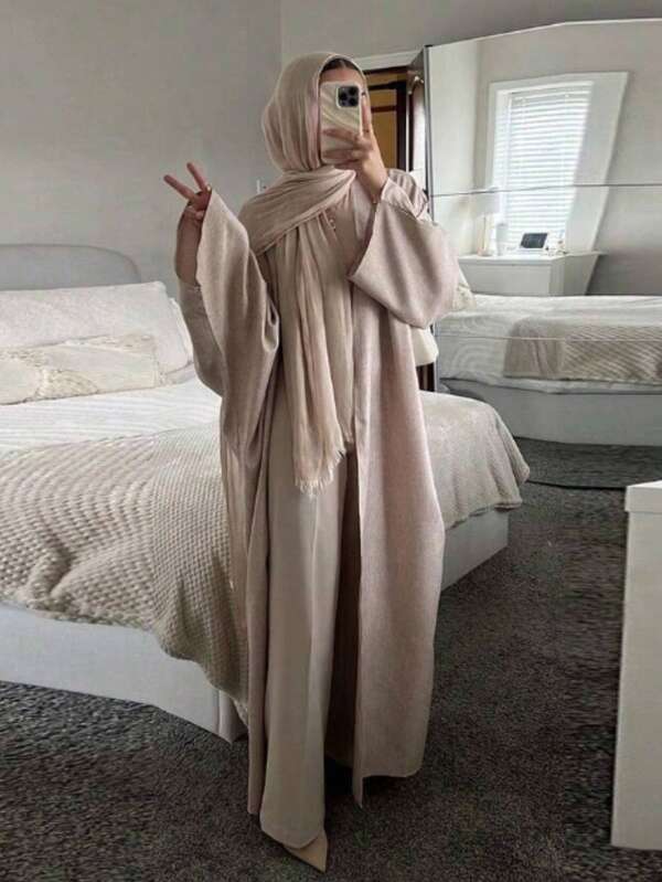 Robe longue à manches longues et ouverture devant pour femmes, robe ample en tissu tissé avec manches raglan et poches, robe légèrement extensible