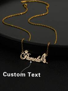 1pc Personalized Children Luxury Crown & Butterfly Monogram Name Stainless Steel Necklace,Customized For Delicate Gift For Kids,Gold Color Customized Jewelry Gift