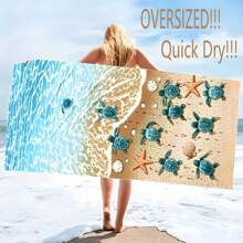1 Oversized Striped Beach Towel With Blue Sea Turtle And Starfish Design, Bohemian Style Beach Blanket In Soft And Quick Dry Microfiber, Vibrant Striped Pattern Suitable For Travel, Yoga, Camping, Swimming - Perfect Bath Towel, Beach Towel, Camping Gear | Tropical Style | Polyester Blend Summer Travel, Vacation Holiday Bathroom Decor Beach Essentials
