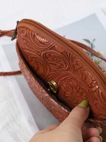 Torebka typu crossbody ze sztucznej skóry z wytłoczonym wzorem kwiatowym dla kobiet, modna, słodka torebka na telefon komórkowy, swobodna torba na ramię z zamkiem błyskawicznym