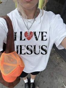 Camiseta de manga corta de ajuste holgado con cuello redondo y estampado gráfico "Amo a Jesús" en forma de corazón para mujer, prenda cómoda de usar a diario, perfecta como regalo de primavera/verano para amigos