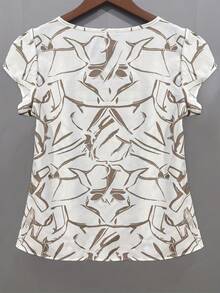 抽象印花圆领衬衫，复古短袖褶皱衬衫，女士白色夏季款 - 白色 - 查看 4