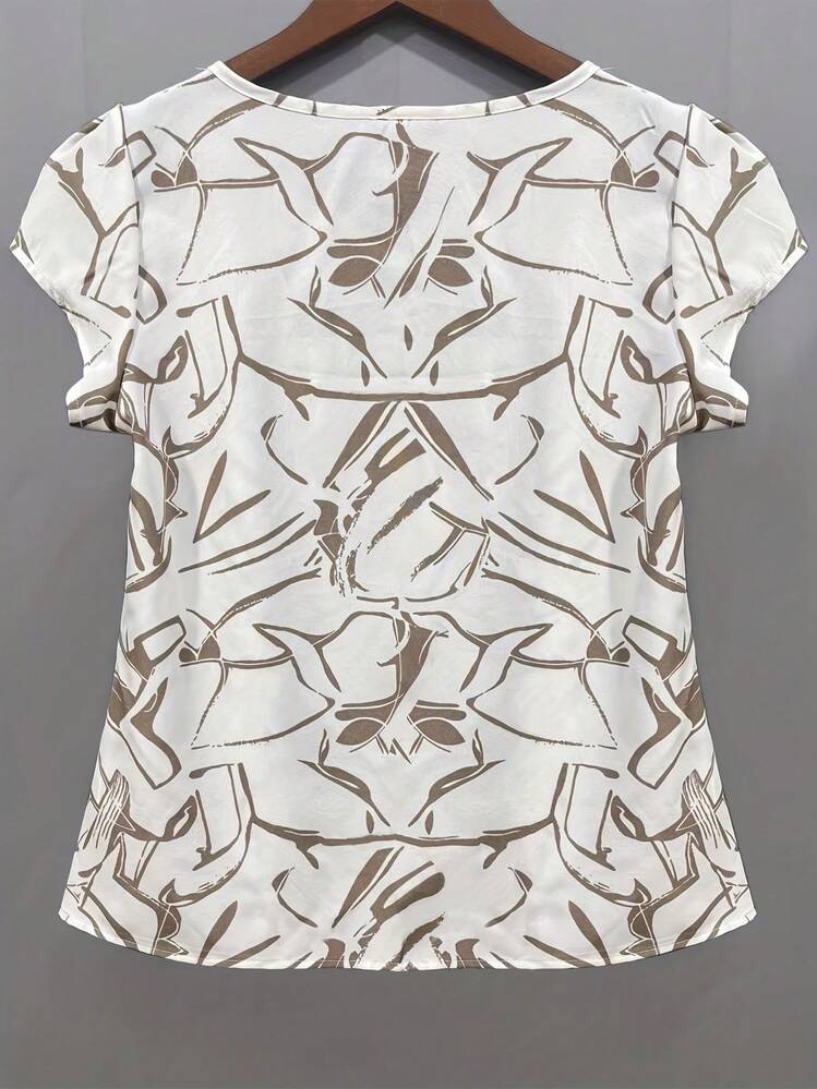 抽象印花圆领衬衫，复古短袖褶皱衬衫，女士白色夏季款 - 白色 - 查看 4