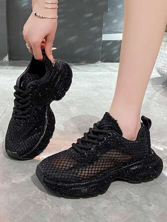 全水钻网眼透气女式运动鞋，2025 年新款夏季时尚水晶闪光厚底休闲鞋，闪亮坡跟厚底运动鞋