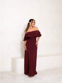 Long Off-The-Shoulder Mermaid Dress With Slit For Wedding Bridesmaid Bride Graduation And General Event - Redwood - View 3