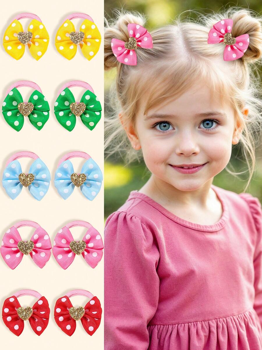 10 件装女孩彩色蝴蝶结发环，儿童布艺心形蝴蝶结发环，幼儿可爱发饰派对礼物 - 彩色 - 查看 1