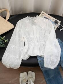 Completo di colore unito, elegante, da donna, per primavera ed estate, con maniche a palloncino, volant all'orlo, chiusura frontale con bottoni, camicetta elegante a maniche lunghe, adatta per uso quotidiano, strada, pendolarismo, casa, ufficio, appuntamenti, camicia/top da donna