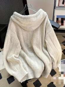 Women'S Casual Long Sleeve Pullover Sweater - Fall/Winter Fashion Knit Hoodie With Drawstring, Solid Color, Polyester 100%, Comfortable Slight Stretch Fabric, Regular Sleeve, No Belt - Oversized Style - trắng - Xem 2