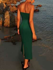 女士性感镂空无肩带海星金属装饰紧身连衣裙，露背Y2K优雅晚宴派对婚礼宾客鸡尾酒礼服，时尚镂空正式礼服，春夏秋季 - 墨綠色 - 查看 5