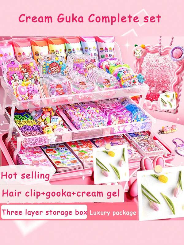 Cremefarbener Guka Aufkleber Set für Jungen und Mädchen Kinder zum Basteln, künstlicher cremefarbener Guka und Dekozubehör, Geburtstagsgeschenk rosa Spielzeug für 5, 6, 7, 8, 9, 10-jährige Kinder