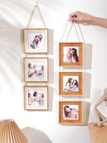 1pc Light Walnut Triple 4-Inch Simple Creative Rope Memorial Photo Frame, Suitable For Hallway, Bedroom, Office, Mother's Day Gift