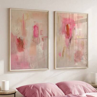 Set mit 2 ungerahmten rosa beige geometrischen abstrakten Wandkunst Poster Leinwanddrucken, moderne maximalistische vintage Japandi neutrale Kunst, vintage Malerei für Studentenwohnheim, Wohnung, Wohnzimmer, Schlafzimmer, Heim-Dekoration