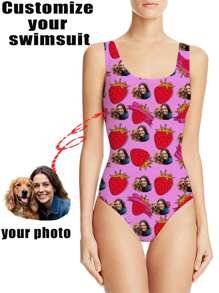 1pc Custom Women's One-Piece Swimsuit, Adult Female Sleeveless High Waist Strawberry Print Swimwear, For Swimming Pool, Beach, Holiday,Stylish,Fashion,Hipster,Casual,Minimal Chic,Personalized,Customized,Custom,Unique,Guy Costumes,Capsule Wardrobe,Men Basic/Street Style,Ideal Gifts For Him,Boyfriend,Family,Friends,For Birthdays,For Vacation/Holiday,For School/Competition,For Sports/Climbing