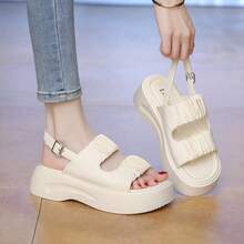 2025 夏季女士软底凉鞋，厚底平底休闲罗马凉鞋，适合搭配连衣裙 - 米色 - 查看 1