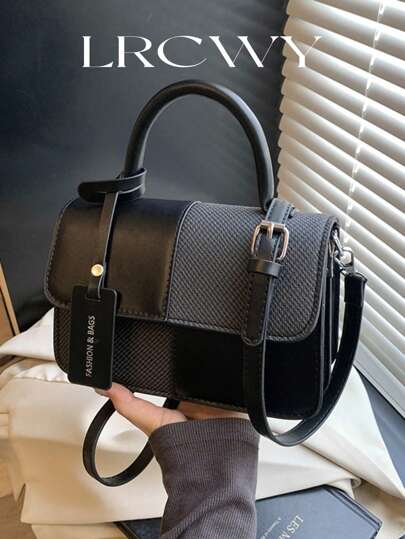 Women's Square Handbag, Bicolor Plaid Patchwork Design, Fashionable Elegant Minimalist, Suitable For Shoulder & Crossbody Wear, Coffee Color