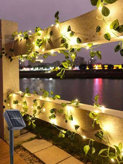 1pc 200cm-20 Bulbs/500cm-50 Bulbs/1000cm-100 Bulbs Artificial Watermelon Leaf Garland String Lights, Solar Powered Fairy Lights, Outdoor Wedding Garden Fence Wall Hanging Decor