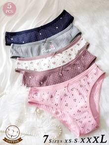 5-Pieces Sets Women's Ribbed Knit Briefs, Bow-Tie Breathable Briefs, Comfortable And Breathable Briefs, Low-Rise Bow-Tie Briefs, Women's Everyday Briefs, Basic And Simple New Year's Briefs, Fashionable Underwear As A Christmas Gift. - Multicolor - View 3