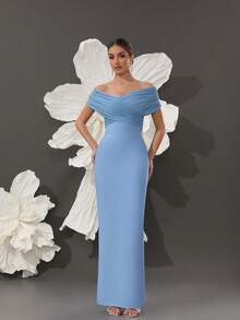 Off Shoulder Bandage Knit Bodycon Dress, Sexy Celebrity Style, Suitable For Family Gatherings, Parties, Banquets - Blue - View 6