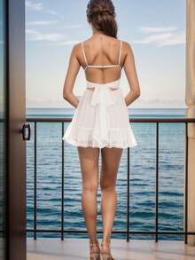 Vestido corto de verano para mujer con tirantes finos, espalda descubierta, cuello en V y corte evasé - Blanco - Ver 4