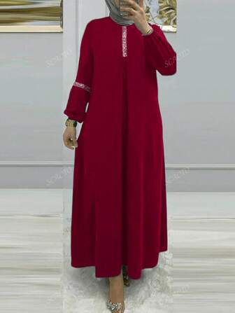 Scacto Solid Color Round Neck Lantern Sleeve Pleated A-Line Elegant Dress With Sequins Embellishment, Loose Fit For Daily, Work, Gathering, Fashion, Modest