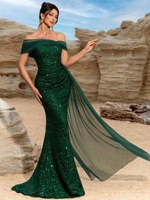 Elisanya 女士新款亮片正式晚礼服，不对称肩部网眼缎带露肩长裙，派对礼服，婚礼宾客礼服