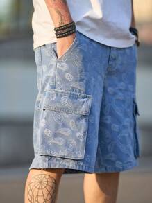 Pantaloni scurți casual bărbătești din denim albastru deschis, spălați, cu buzunare și imprimeu cu caju